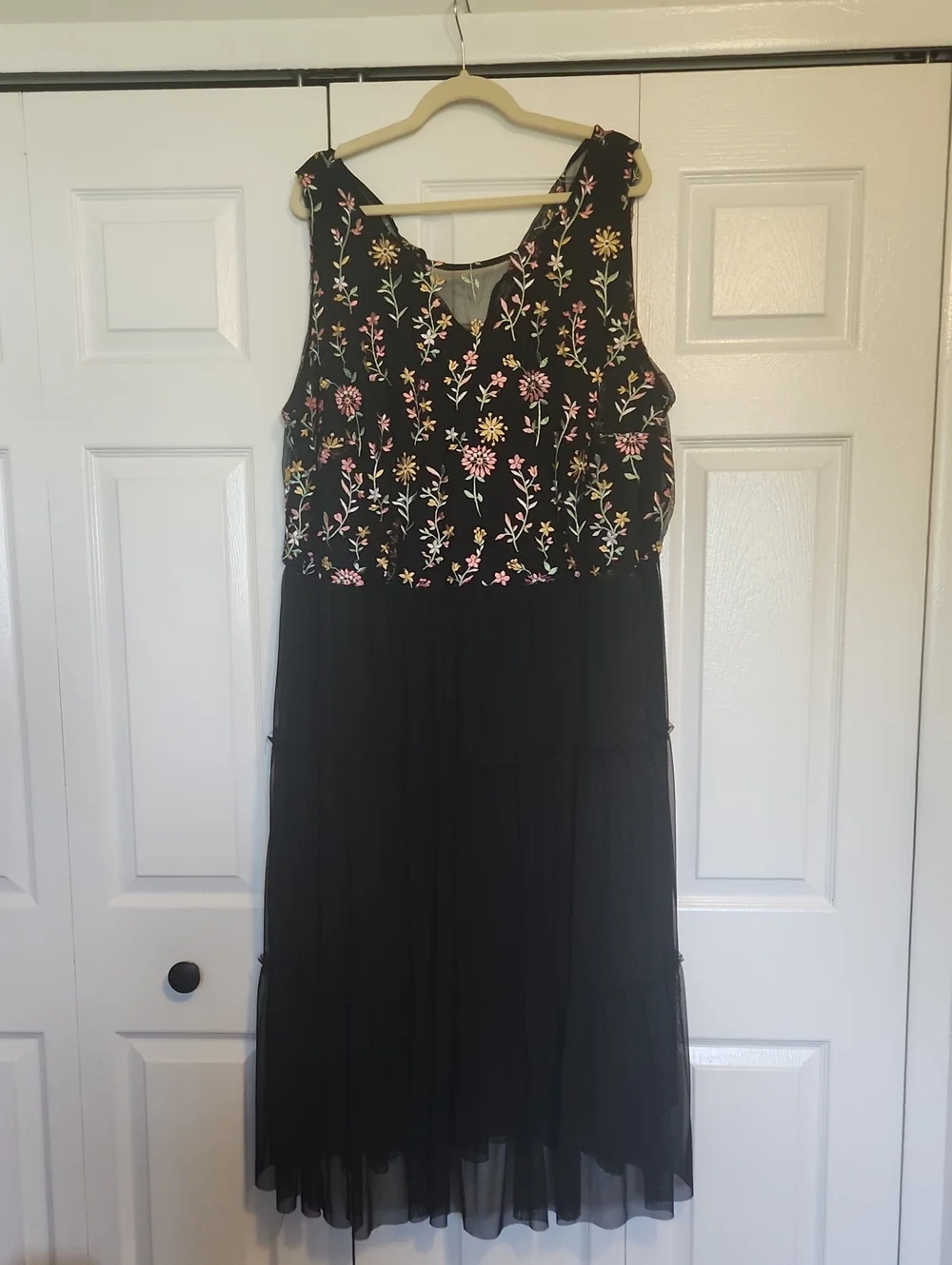 Lane Bryant Black Midi Dress with Pink & Yellow Floral Embroidery Size 26